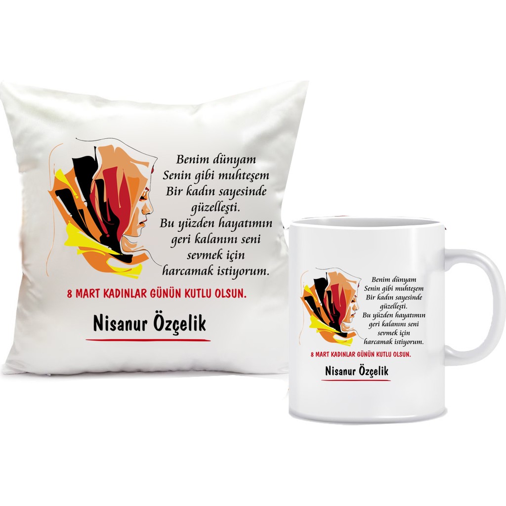 Nil Hediye 8 Mart Dünya Kadınlar Günü Kupa Bardağı ve Yastığı Hediye Seti - 40 x 40 cm - Beyaz Fincan / Bardak / Kahve Takımı Fiyatı