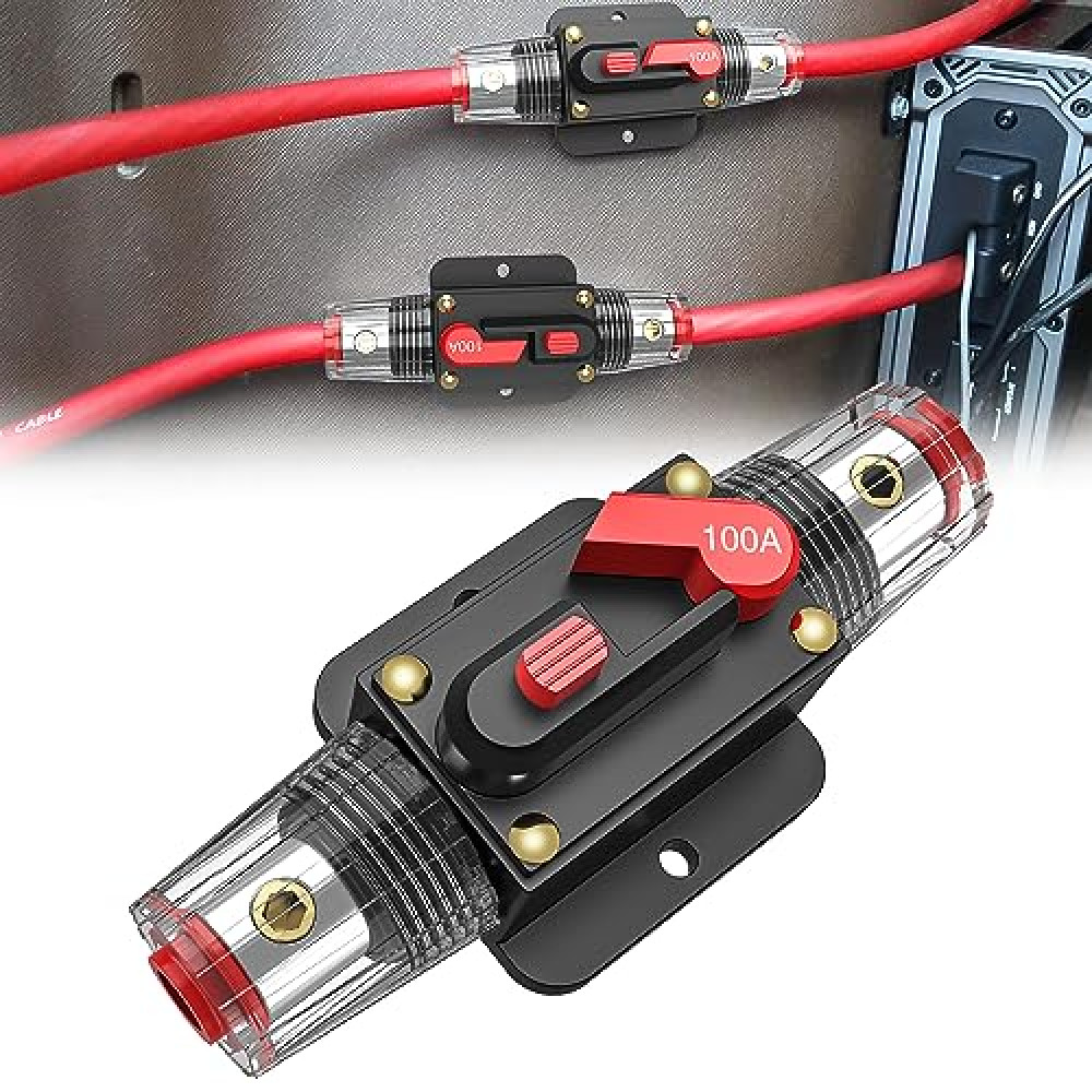 Nilight 100A Inline Circuit Breaker Resettable 12-24V DC Manual Reset Fuse Holder 3-15AWG Overload Protection for Car Audio Sound Amplifier System RV Marine Boat Truck Solar Inverter