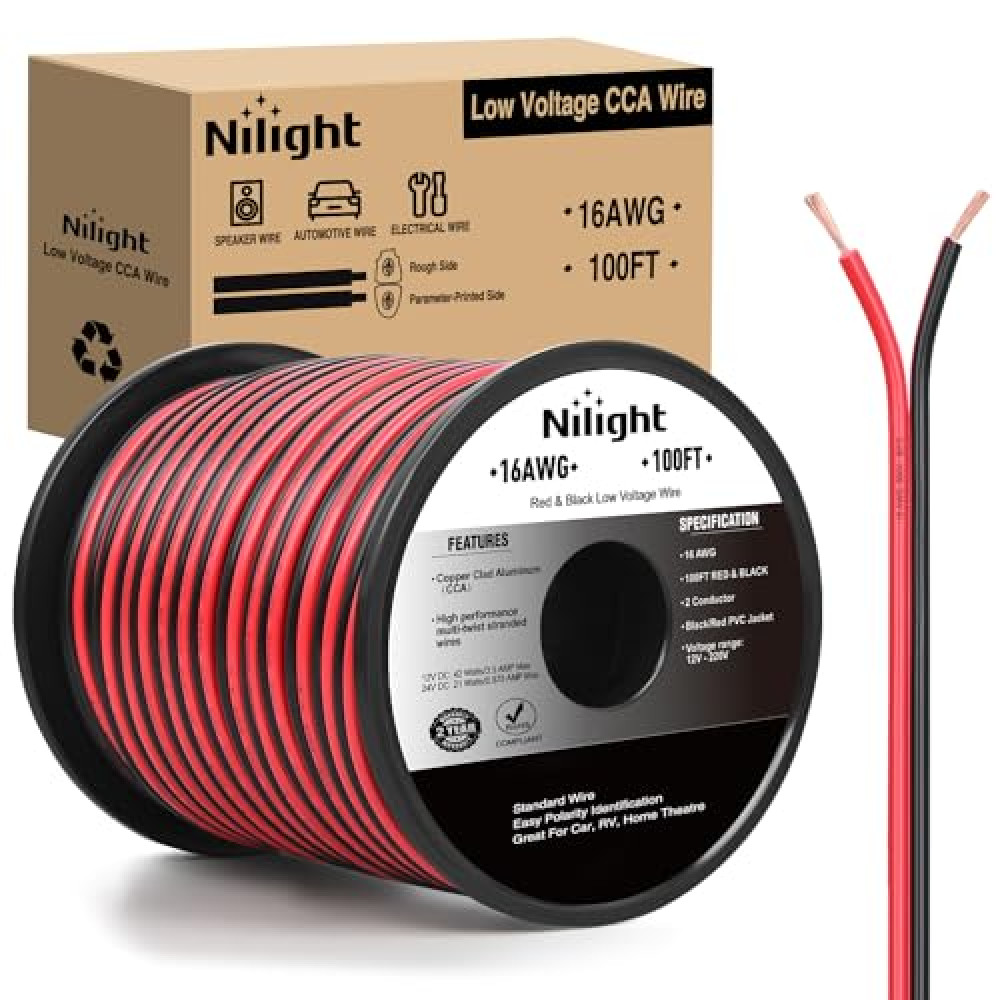 Nilight 100FT 16AWG Copper Clad Aluminum Wire 16/2 Gauge Red Black CCA Electrical Cable 2 Conductor Parallel 12V/24V DC Flexible Extension Cords for Car Audio Radio Speaker Amplifier