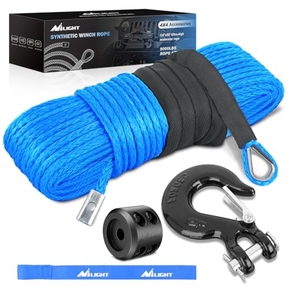 Nilight 1/4 Inch x 50 Feet Winch Rope Synthetic Winch Line Cable Universal for ATV UTV 4x4 Off-Road Vehicle 9000lbs Winch Line Ropes with Steel Hook Rubber Stopper Protective Sleeve Safety Strap,Blue