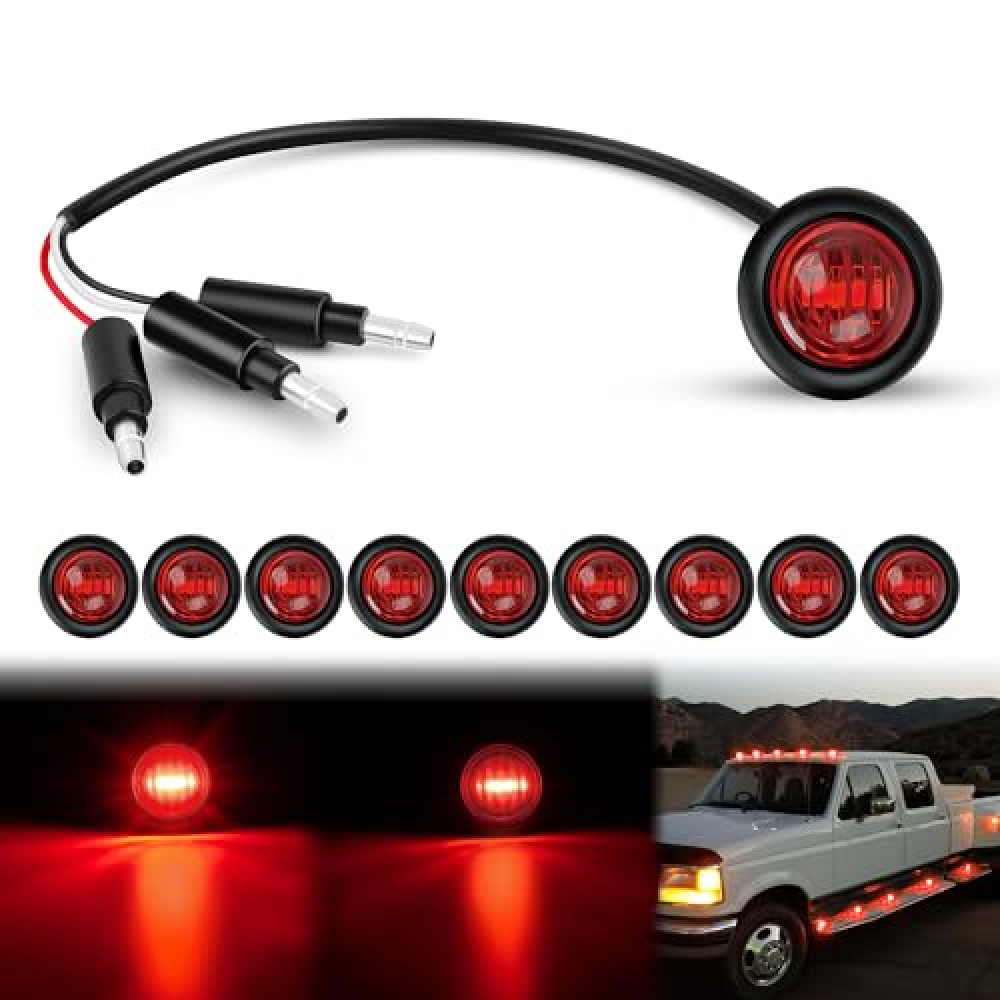 Nilight 3/4Inch Round Marker Light 10PCS Red LED Brake Stop Turn Signal 3 Connectors Side Indicator Bullet Clearance Lights IP68 Waterproof for Trailer Truck Camper Van Boat Bus