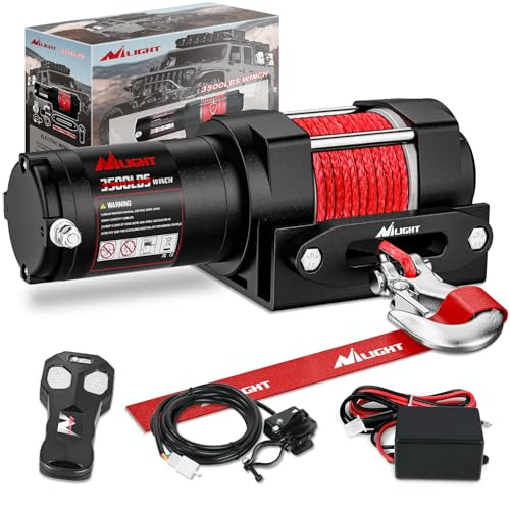 Nilight 3500 lbs ATV Winch 12V Electric Winches With Synthetic Winch Rope Wireless Remote Wired Switch Fairlead Mounting Plate Portable Waterproof Winch for Towing ATV UTV Trailer Truck Jeep Offroad