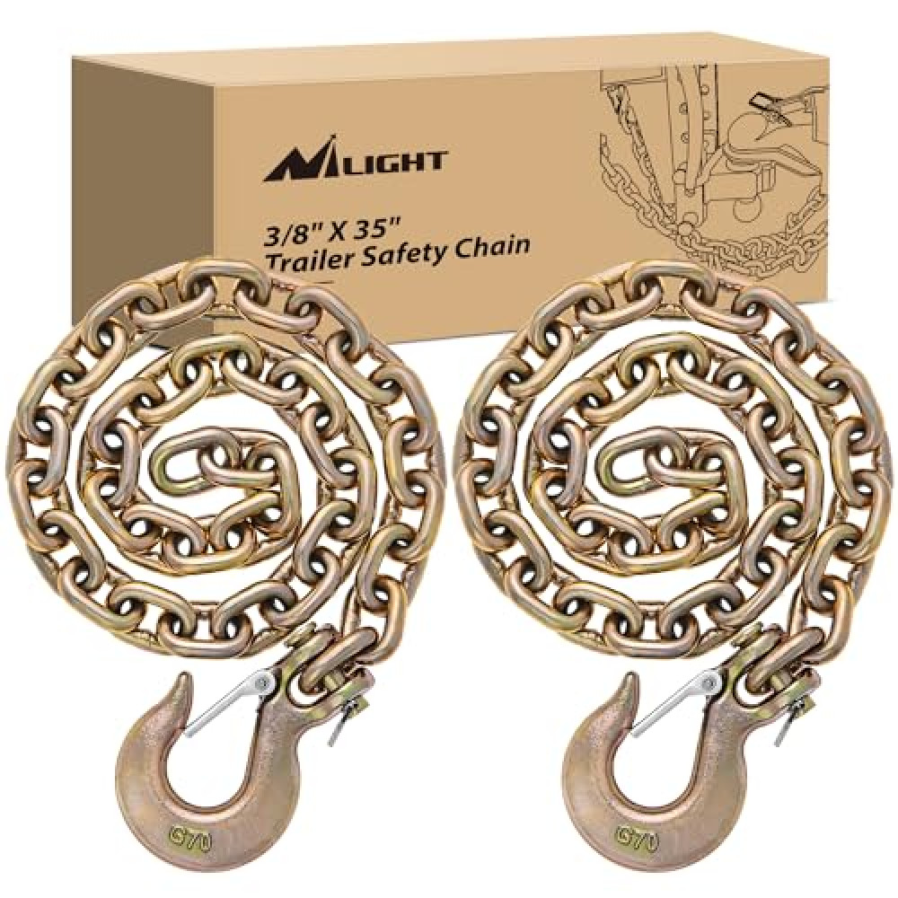 Nilight 3/8" X 35" Trailer Safety Chain 2pcs Grade 70 Towing Chain with Clevis Snap Hooks 26400lbs Break Strength use for Trailer, RV,and Boat Towing and Gooseneck Couplers