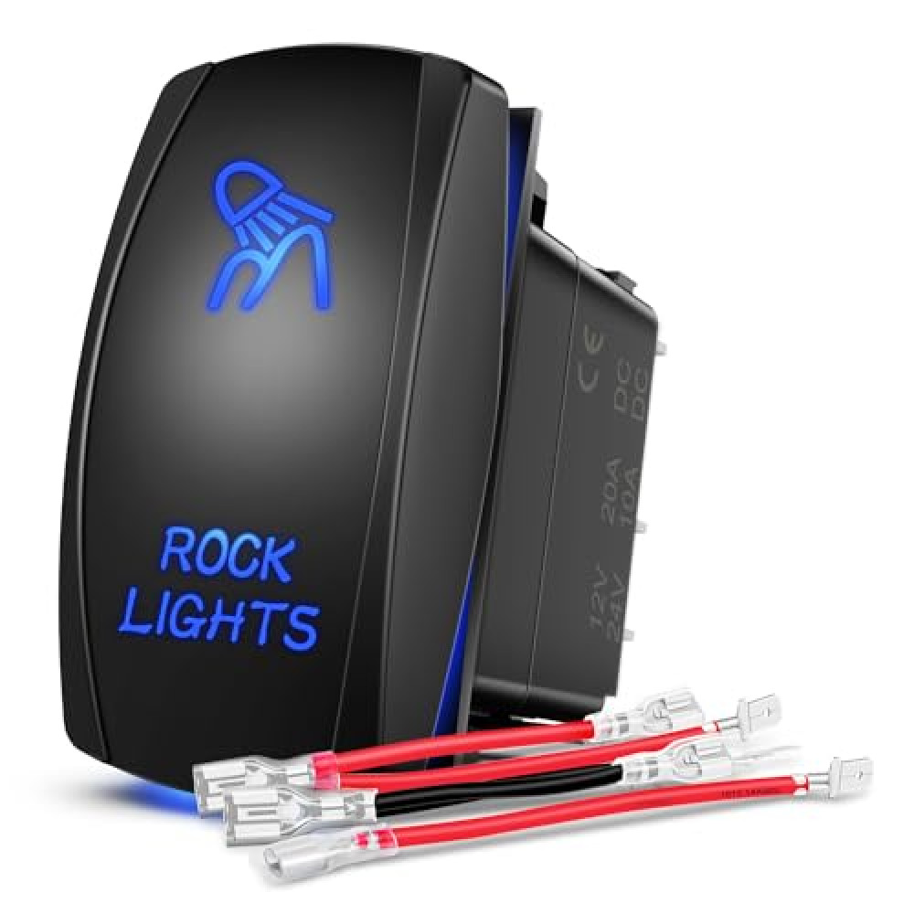 Nilight - 90008B Rock Lights Rocker Switch LED Light Bar 5Pin Laser On/Off LED Light 20A/12V 10A/24V Switch jumper wires set for Jeep Boat Trucks,2 years Warranty Blue
