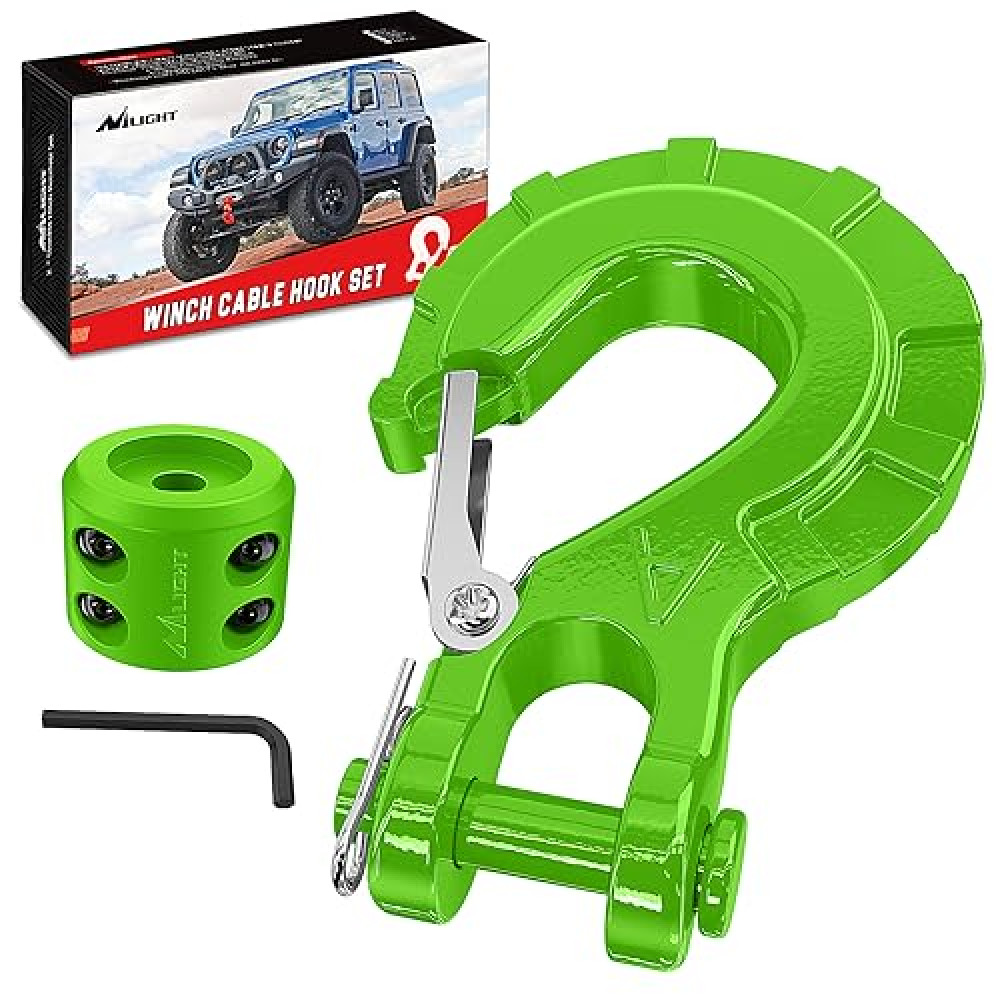Nilight Forged Steel Winch Hook 3/8" Grade 70 Safety Latch Winch Cable Hook Stopper & Clevis Slip Hook Sets, Included Allen Wrench,Max 35,000 lbs, Green