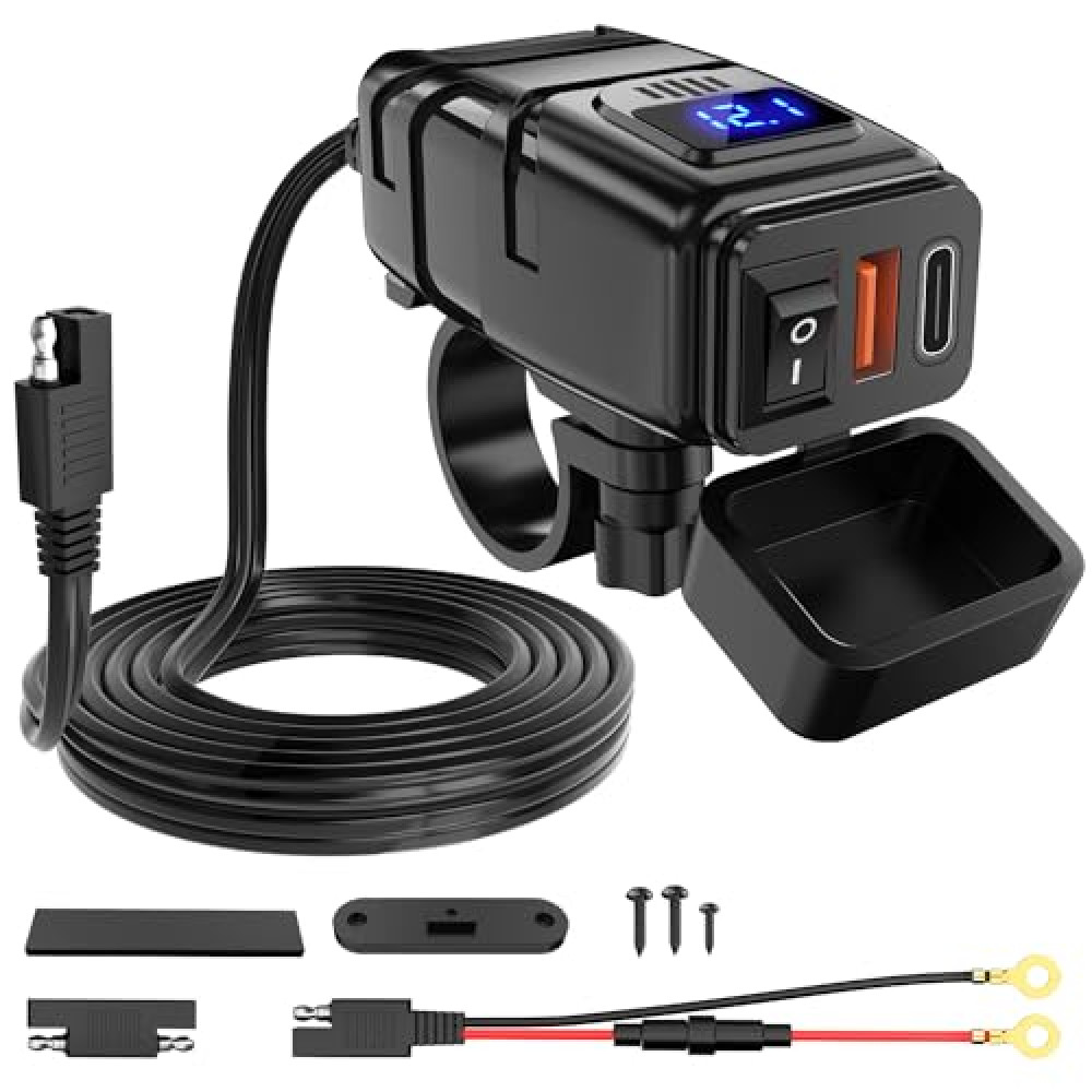 Nilight Motorcycle Charger with USB Type C Port 12V Voltmeter Independent On Off Switch SAE Inline 10A Fuse Waterproof 6.8A QC3.0 Fast Charging Phone Tablet for 7/8inch Handlebar