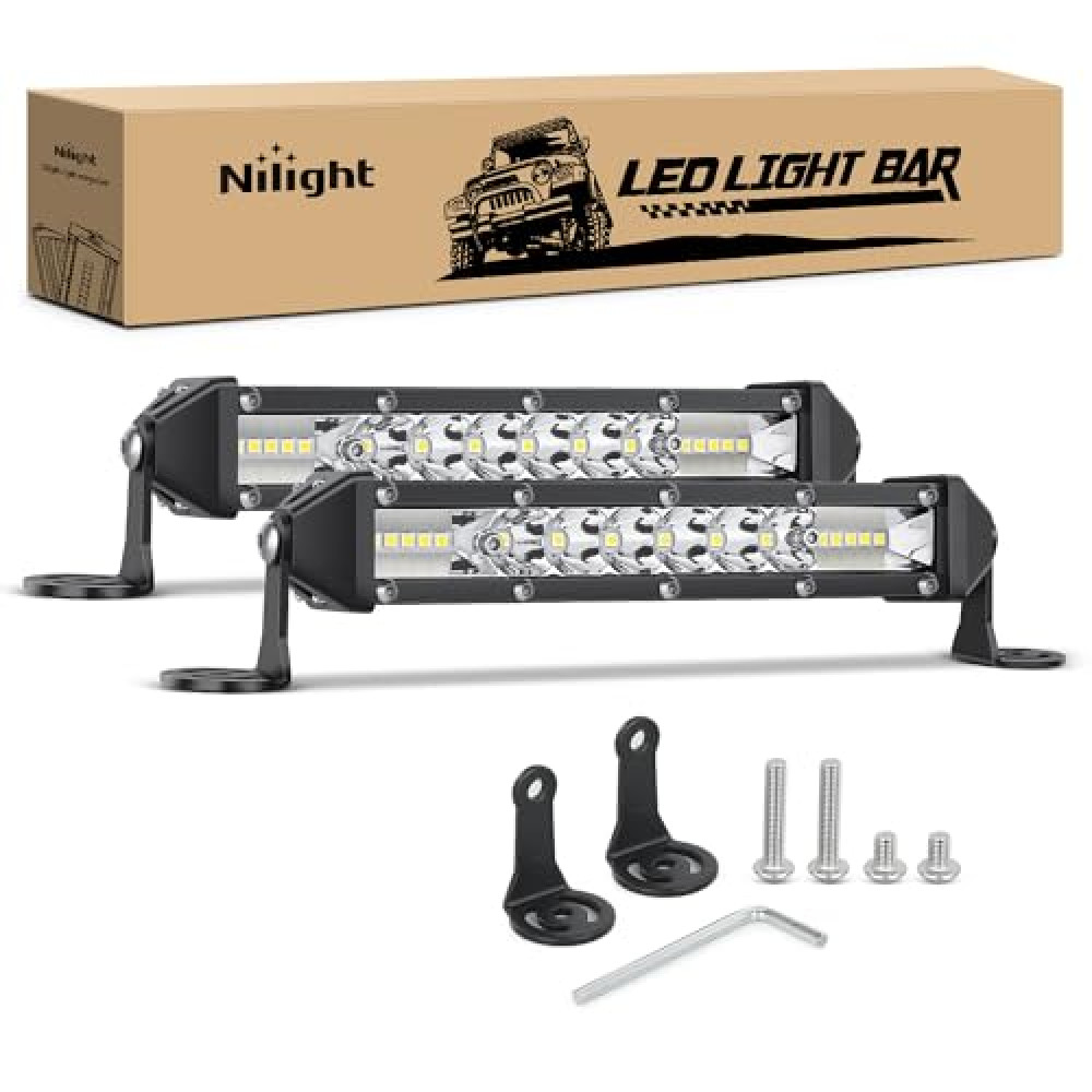 Nilight Slim LED Light Bar 2Pcs 7 Inch 16LED Single Row Spot Flood Combo Fog Driving Work Lighting Roof Bumper Lamp Offroad for 4x4 Trucks SUV ATV UTV