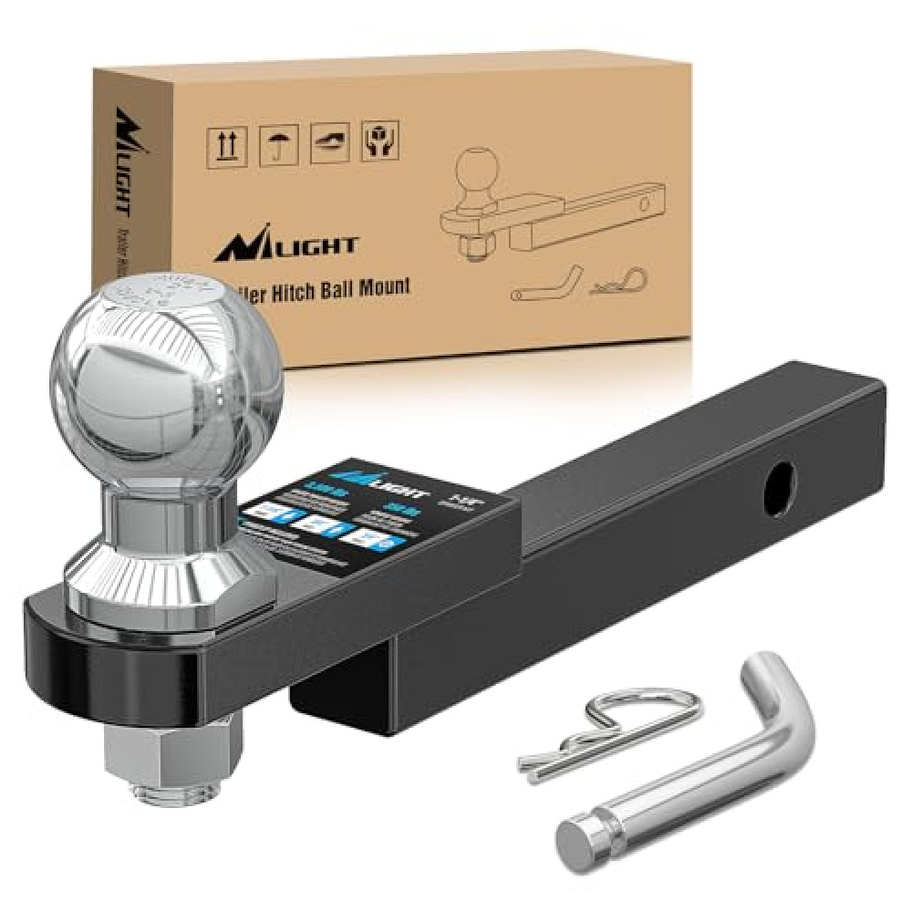 Nilight Trailer Hitch Mount with 2 Inch Trailer Ball & 1/2" Hitch Pin Clip Fits 1-1/4" Receiver Tubes 3500 lbs 1-1/4" Drop 3/4" Rise, 2 Years Warranty