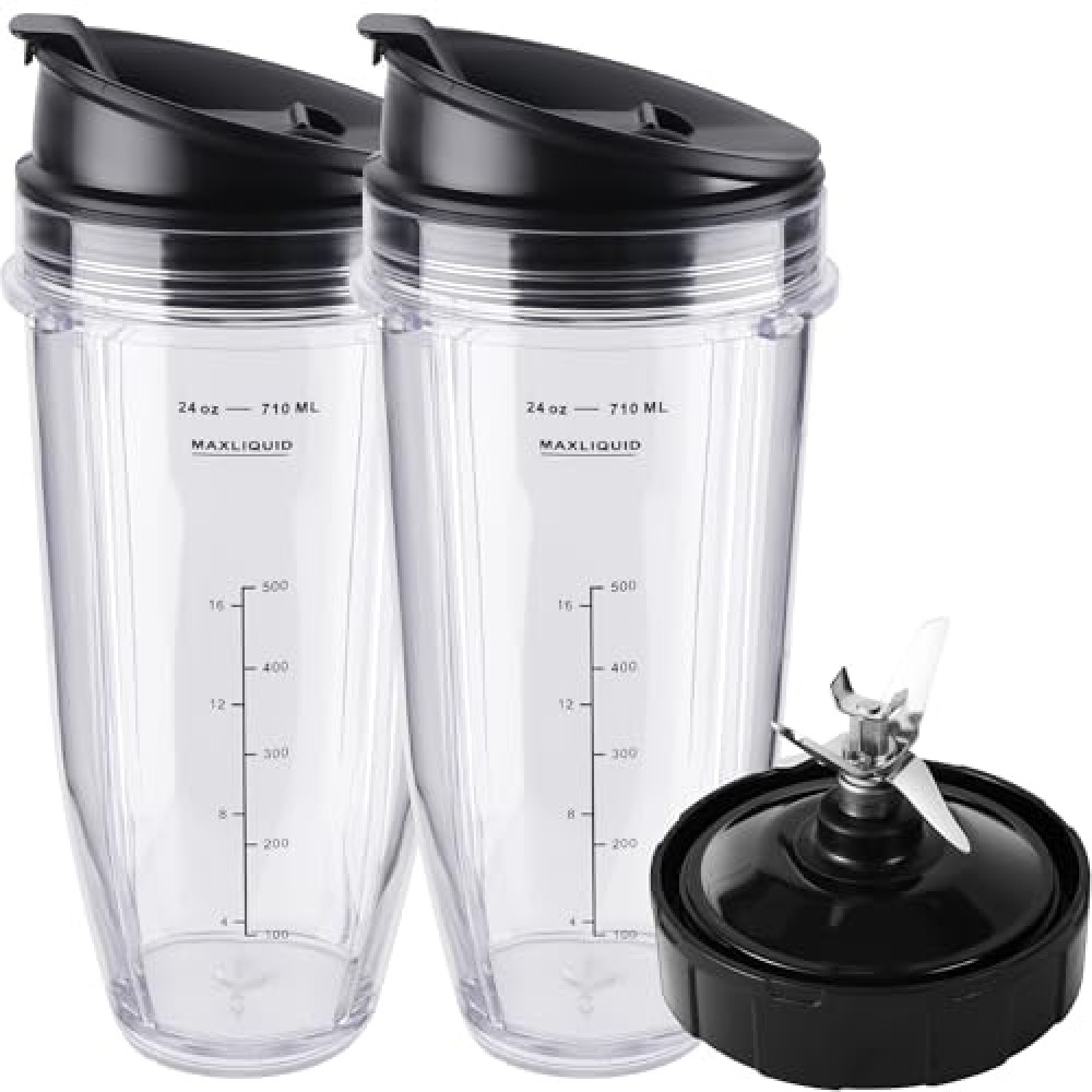 Ninja Blender Cups Replacement Parts 5-Piece Set: 2 x 24oz Cups with Lids & 7-Fins Blade, Fits Nutri Ninja BN401 BN751 BN801 BL450 BL480 BL640 NN100 Spare Parts and Accessories Fiyatı