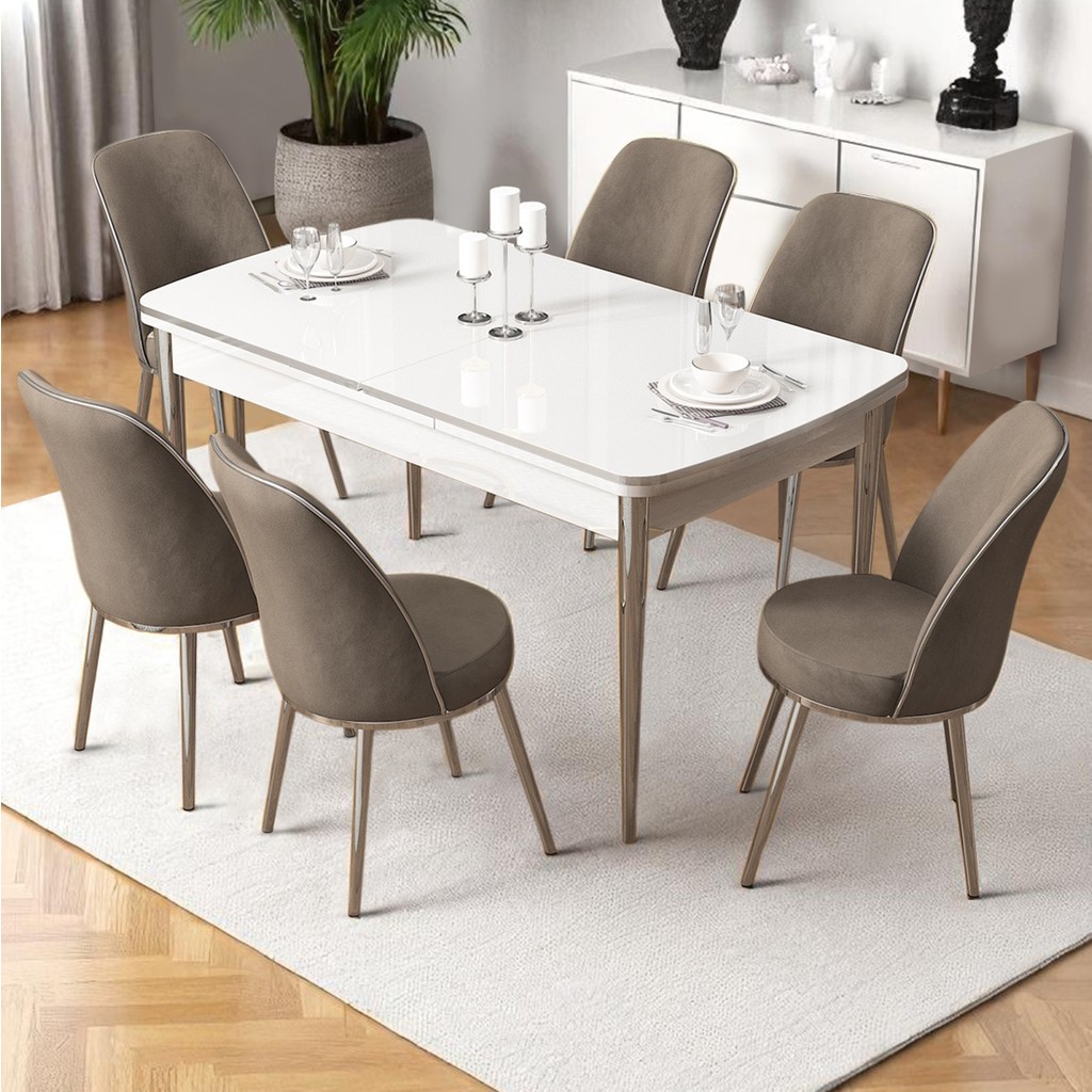 Nira Serisi 70X114 Mdf Açılabilir Beyaz Masa Takımı 6 Cappucino Sandalye Krom Detay Standart Sandalye Fiyatı