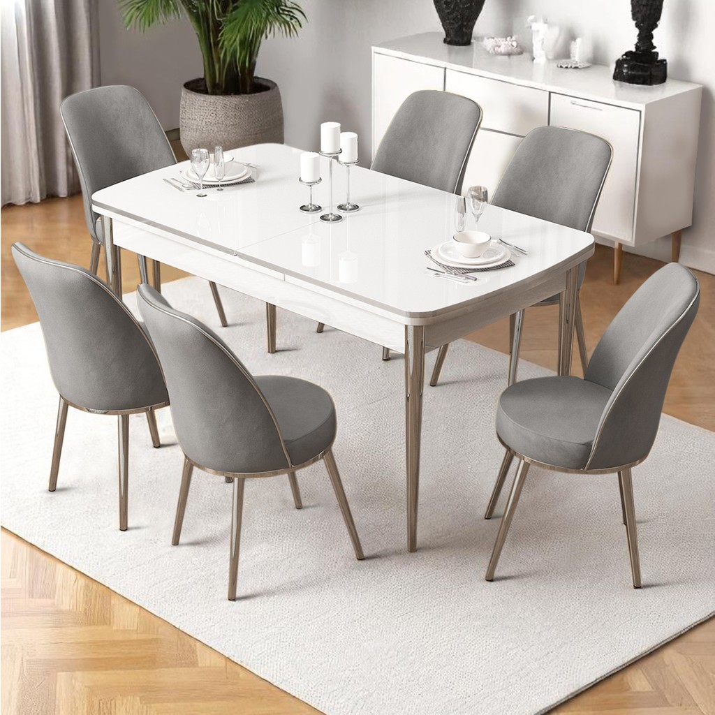 Nira Serisi 70X114 Mdf Açılabilir Beyaz Masa Takımı 6 Gri Sandalye Krom Detay Standart Sandalye Fiyatı