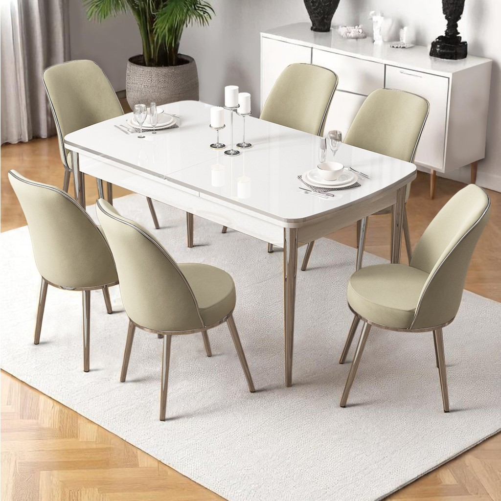 Nira Serisi 70X114 Mdf Açılabilir Beyaz Masa Takımı 6 Krem Sandalye Krom Detay Standart Sandalye Fiyatı