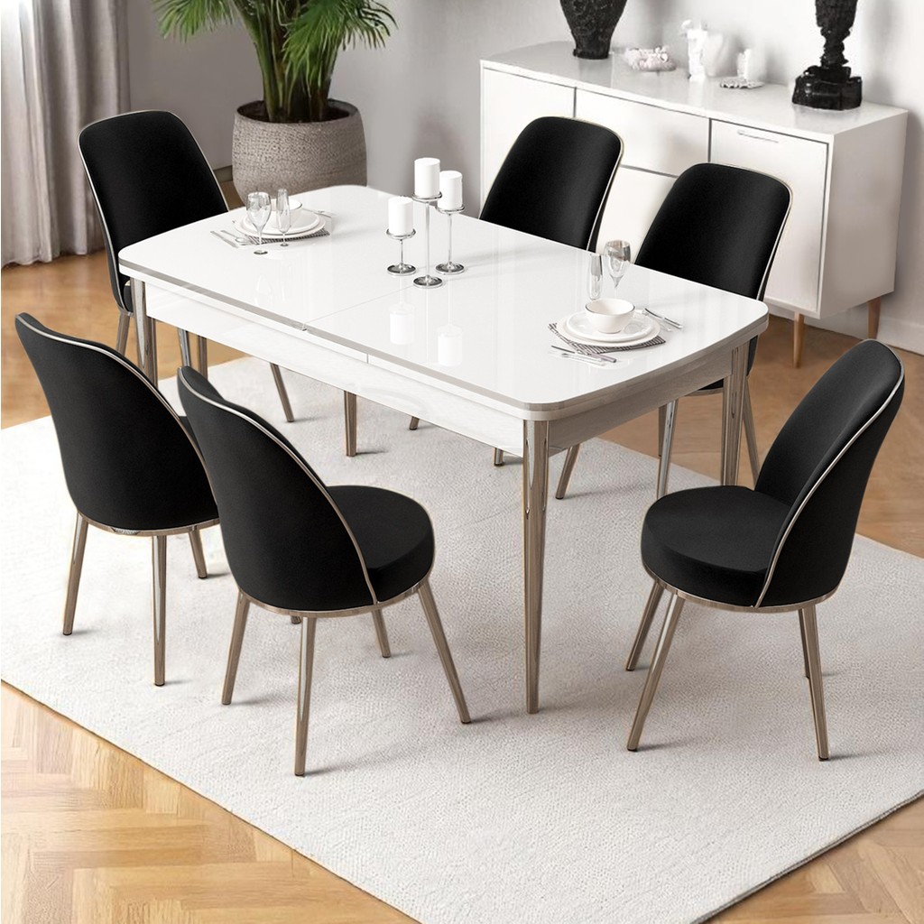 Nira Serisi 70X114 Mdf Açılabilir Beyaz Masa Takımı 6 Siyah Sandalye Krom Detay Standart Sandalye Fiyatı