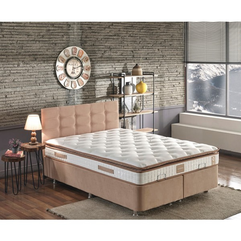 Niron Queen Yatak Seti 200x200 Çift Kişilik Pedli Yatak Sütlü Kahve Kumaş Baza, Başlık ve Yatak Takımı - 200 x 200 cm - Renkli Baza Fiyatı
