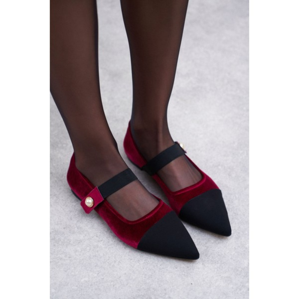 Nişantaşı Shoes Lawrence Bordo Kadife Siyah Sivri Burun Cırtlı Düz Taban Kadın Babet Babetler Fiyatı
