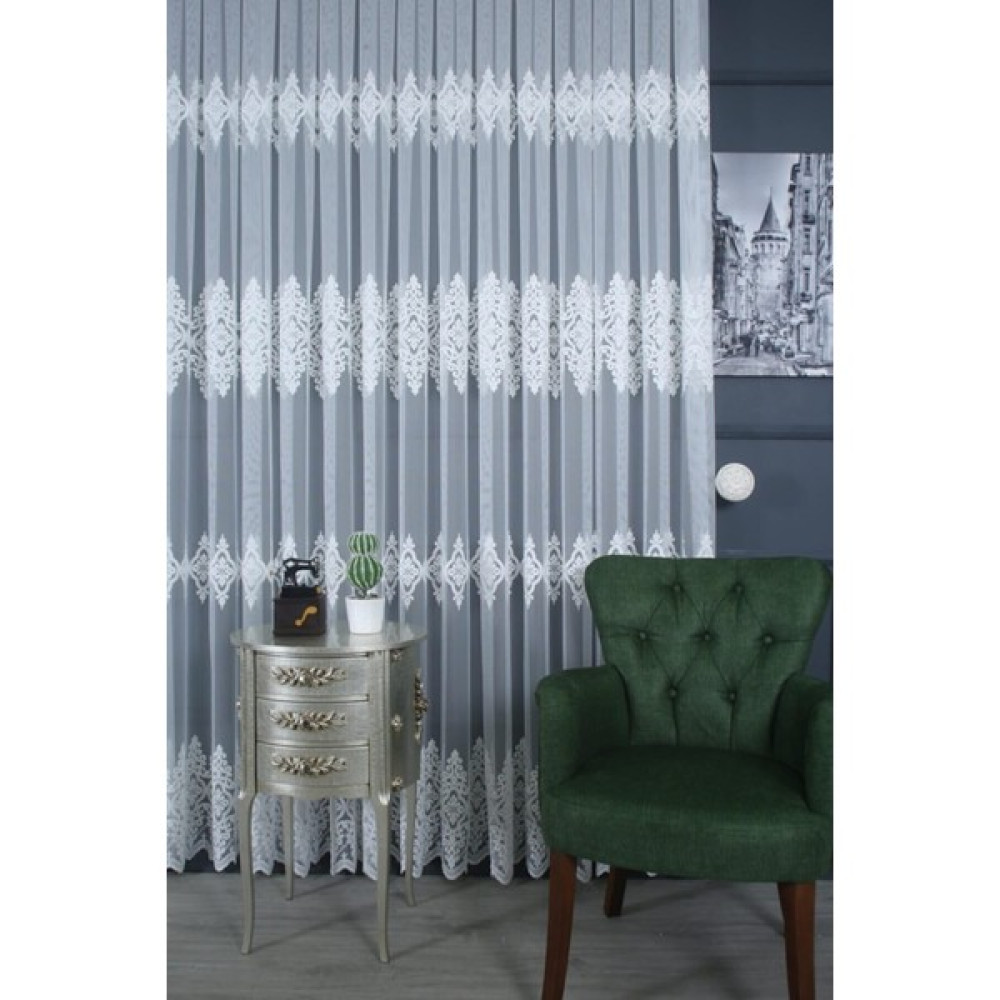 Nish Perde Lüks Güpürlü Tül Perde 350X255 1/3 Sık Pile - Kırık Beyaz - 350 x 255 cm Tül Perde Fiyatı