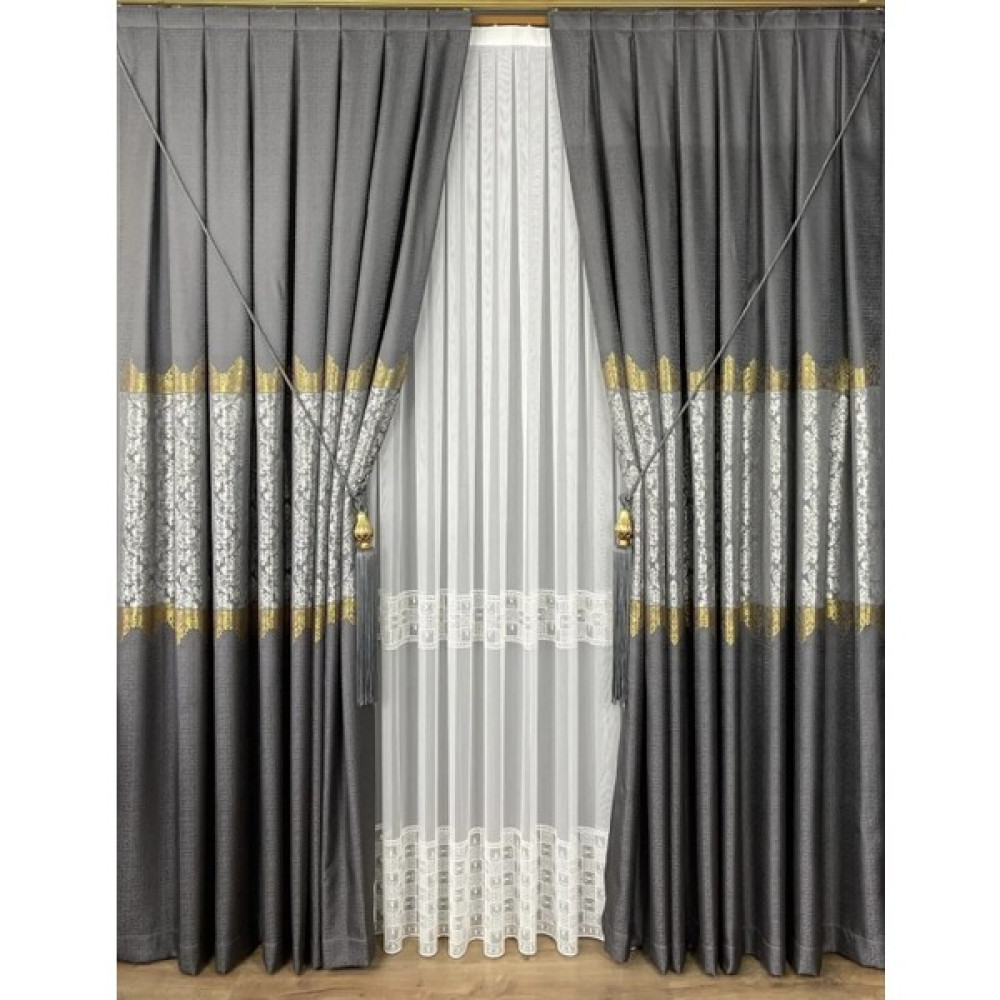 Nish Perde Pano Fon Perde Damask Desen Gri Gold Şeritli Iki Kanat Sık Pile Tavan Broçol Hediye - 100 x 250 cm Fon Perde Fiyatı