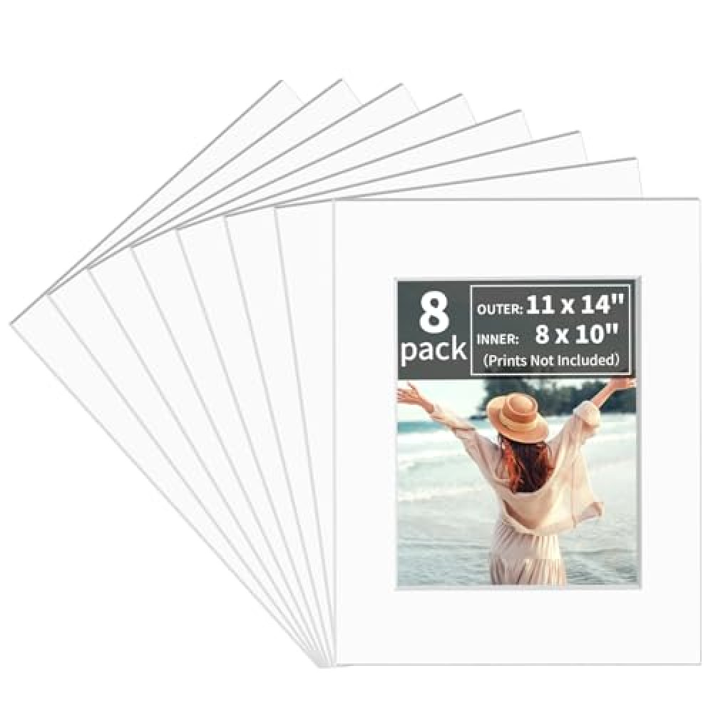 NIUBIER 8 Pcs Picture Mats for Frames, Photo Mats 11x14 Matted to 8x10, Acid Free Matting for Picture Frames Prints Artworks (White)