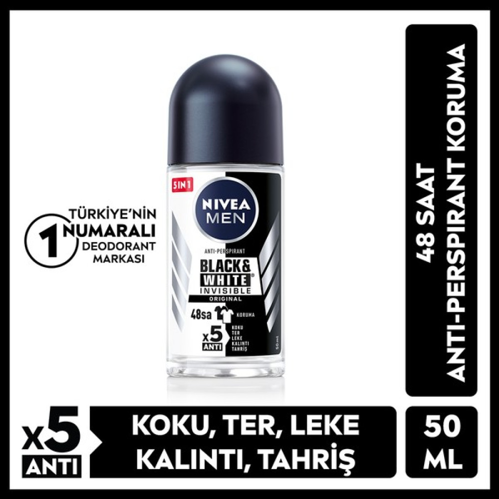 NIVEA Men Erkek Roll-on Deodorant Black&White Invisible Original 50ml, Ter ve Ter Kokusuna Karşı 48 Saat Anti-perspirant - 50 ml Deodorantlar Fiyatı