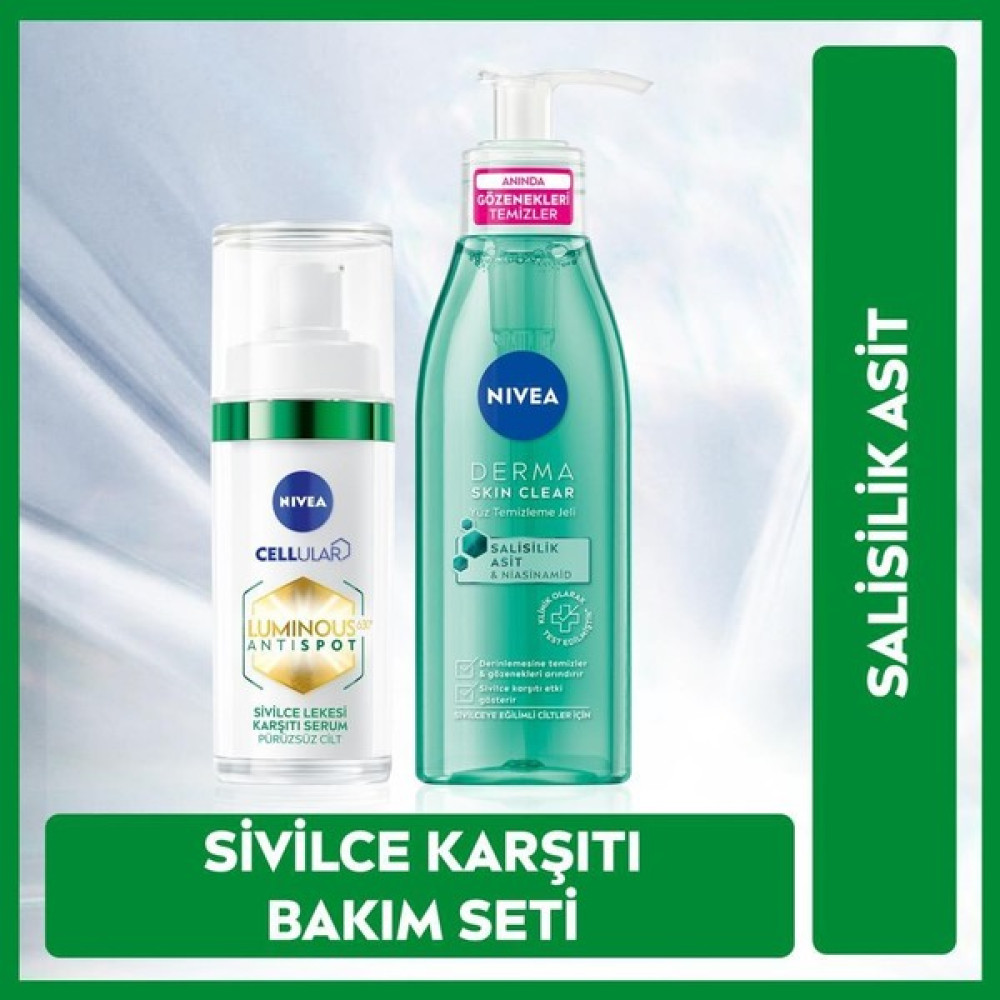 Nivea Sivilce Karşıtı LUMINOUS630 Serum ve Derma Skin Clear Temizleme Jeli, Salisilik Asit, Yağlı Cilt Akne ve Sivilce Bakımı Fiyatı