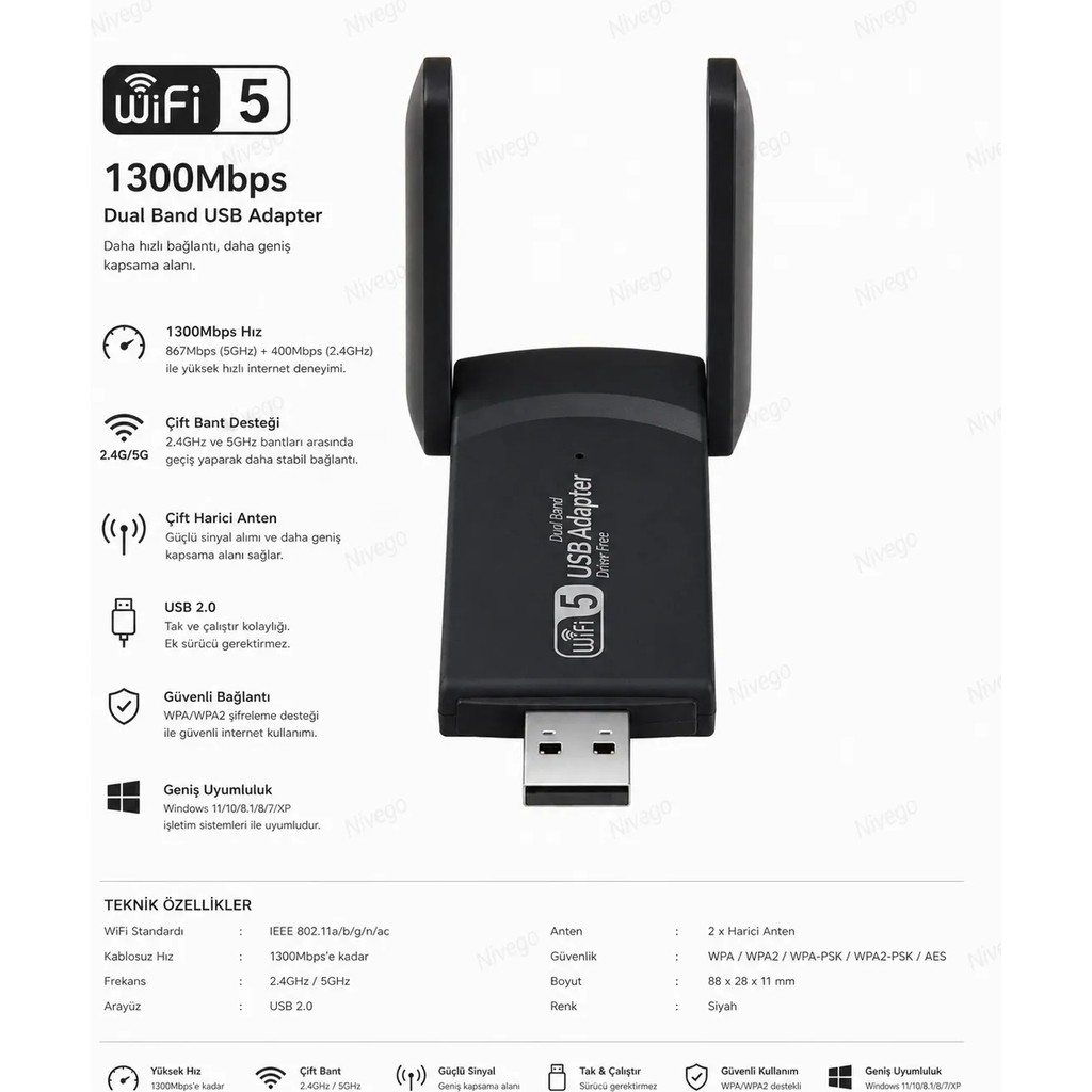 Nivego AC1300 Mbps Dual Band USB 3.0 Adaptör Kablosuz Wifi Alıcı 2.4ghz 5ghz New Free Windows 7/8/10/11 Wireless Adaptör Fiyatı