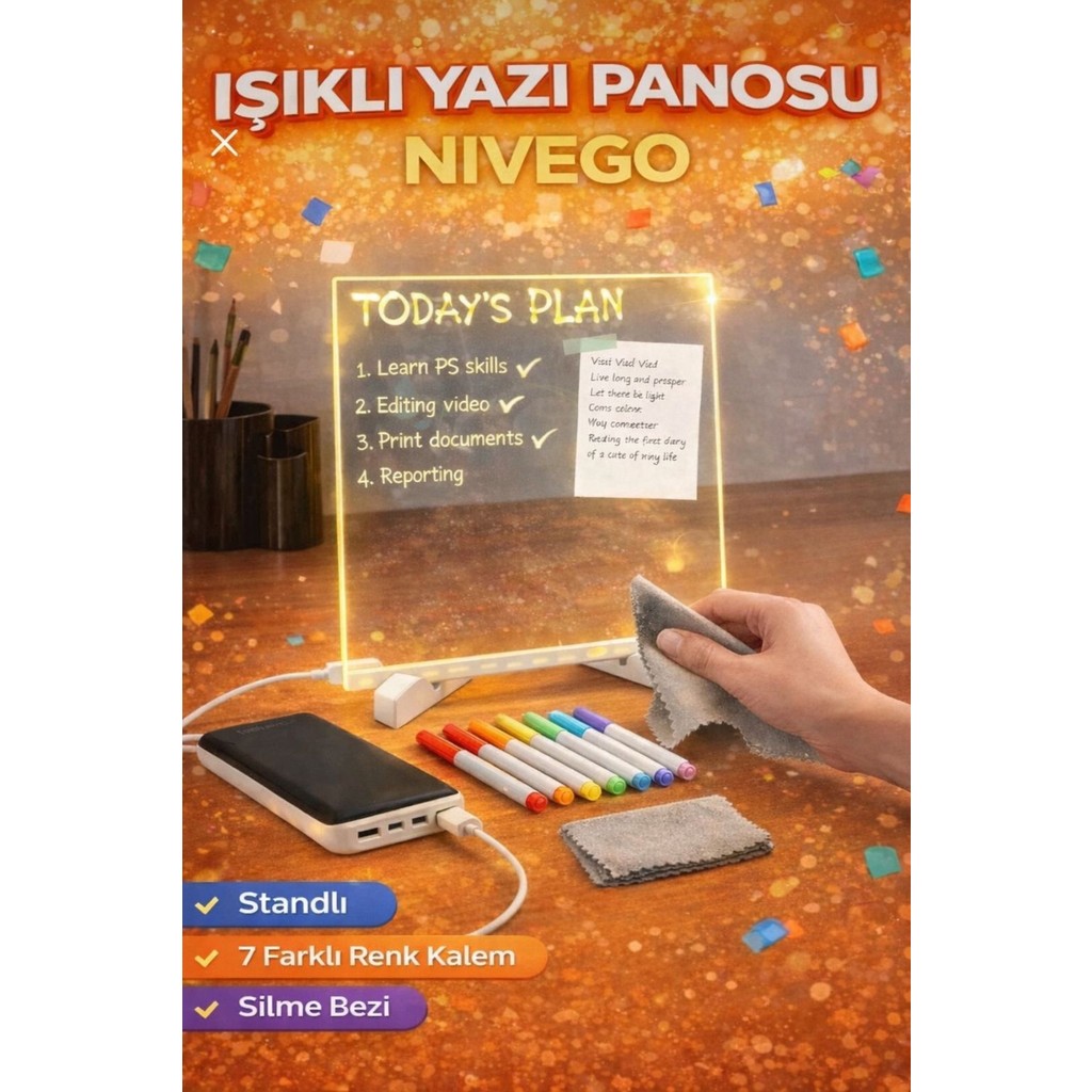 Nivego LED Işıklı Çizim Tahtası Pano Ayarlanabilir Stant 7 Renk Kalem Hediyeli Usb li Geliştirici Eğitici Kalem & Yazı Gereçleri Fiyatı
