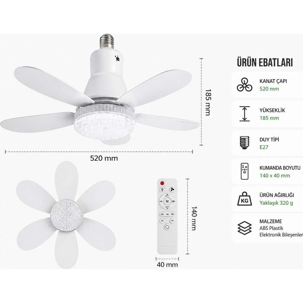 Nivego Pervaneli LED Lamba Fan – Kumandalı Tavan Vantilatörü, Ampul Tipi Soğutucu Işık, 3 Kademeli Fan + LED Aydınlatma - Beyaz Diğer Fiyatı