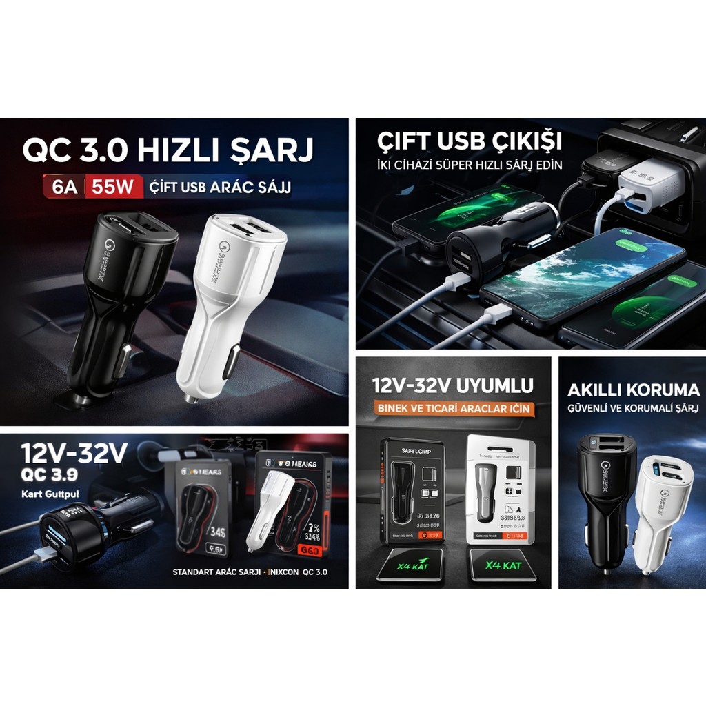 Nixcon 6A Qc 3.0 Çift USB Araç Şarj Cihazı 35W Hızlı Şarj Siyah/beyaz - Beyaz Cep Telefonu Şarj Cihazı Fiyatı