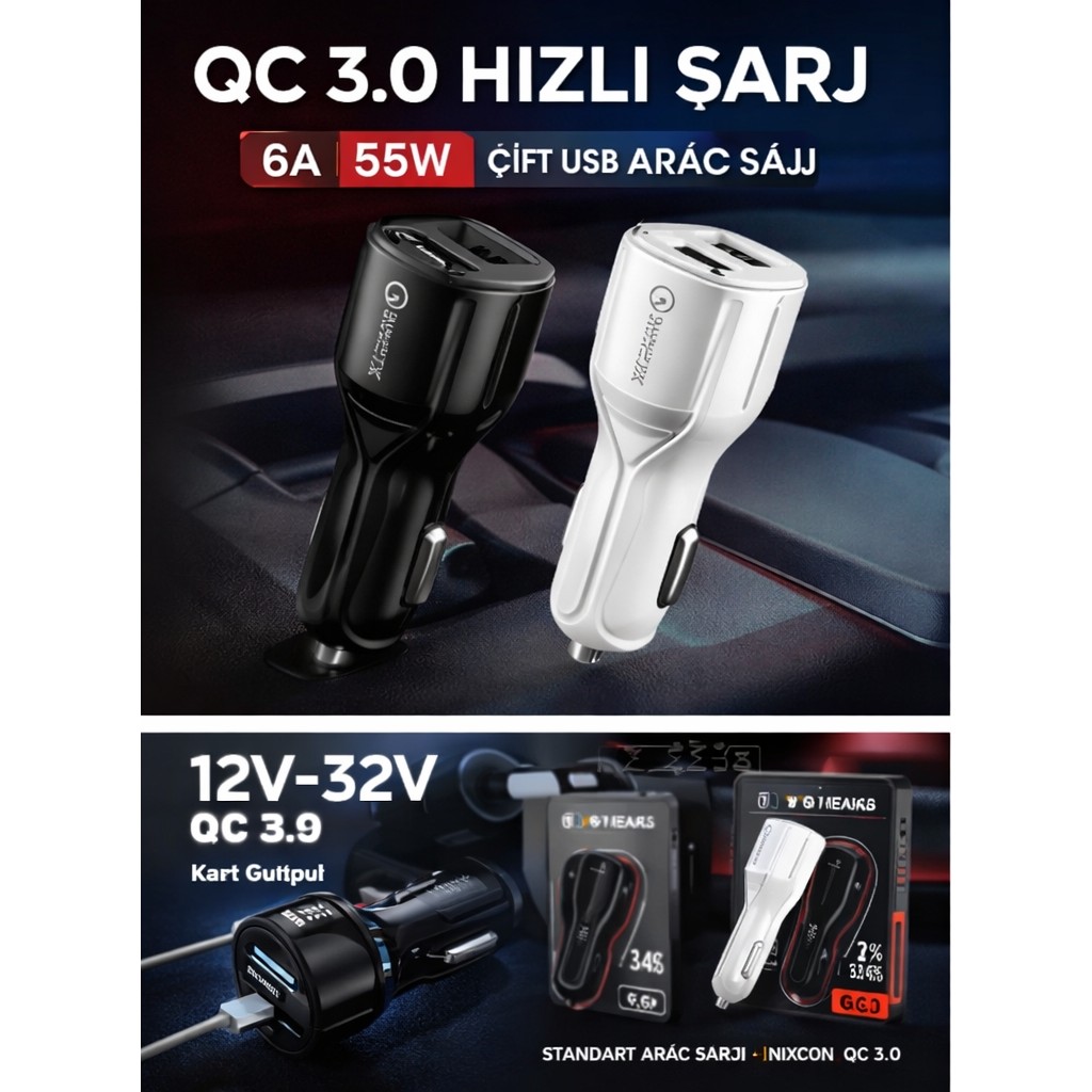 Nixcon 6A Qc 3.0 Çift USB Araç Şarj Cihazı 35W Hızlı Şarj Siyah/beyaz - Siyah Cep Telefonu Şarj Cihazı Fiyatı