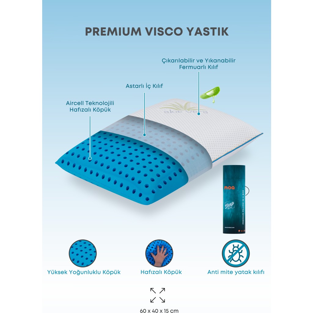 Noa Yatak Premıum Vısco Yastık 60X40 - 60 x 40 cm - Mavi Yastık Kılıfı Fiyatı
