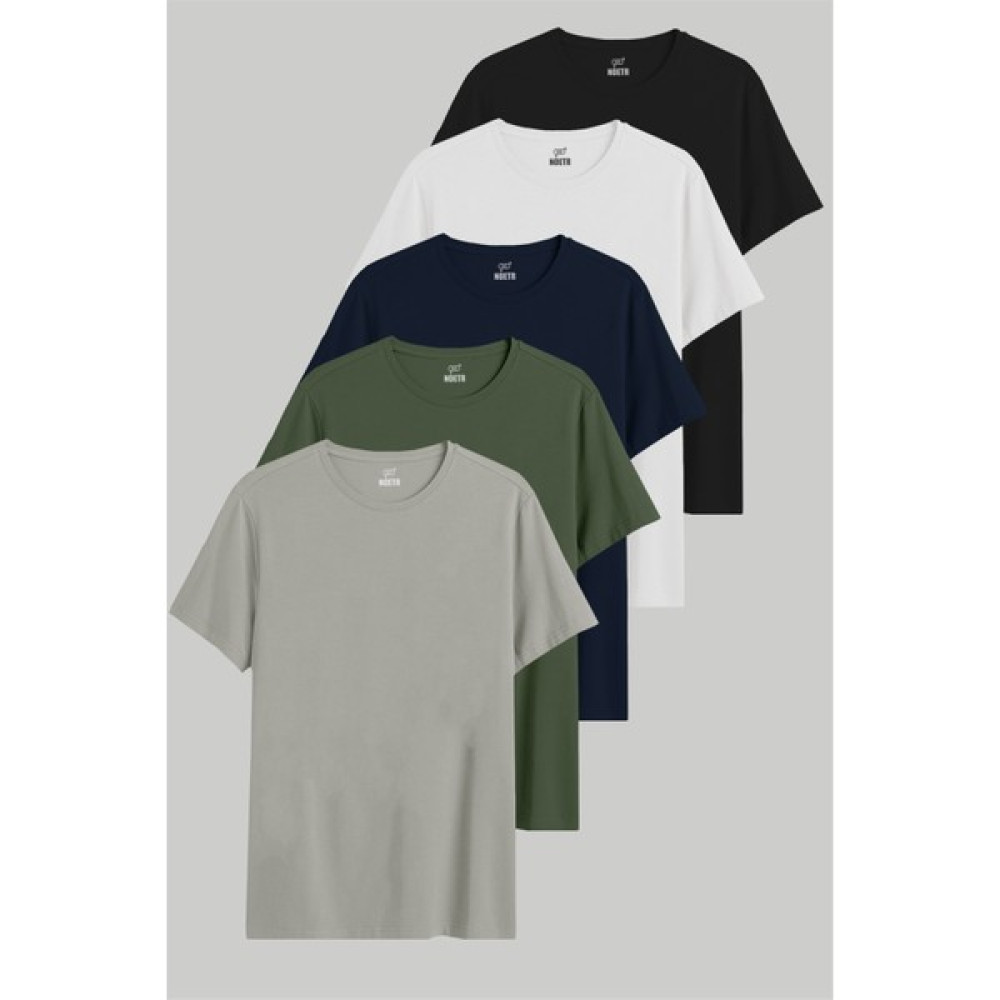 Noetr Siyah-Beyaz-Lacivert-Haki-Gri Regular Fit Pamuklu Erkek 5'li Tişört T-Shirt & Sweatshirt (Outdoor) Fiyatı