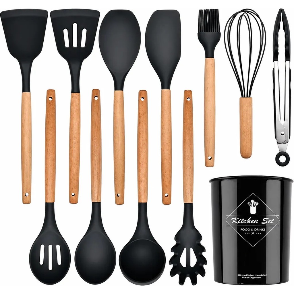 Nokka 11 Parça Bambu Saplı Silikon Mutfak Seti Kaşıklıklı | Isıya Dayanıklı Spatula Kepçe Çırpıcı Maşa Seti | Siyah Çatal / Kaşık / Bıçak Takımları Fiyatı