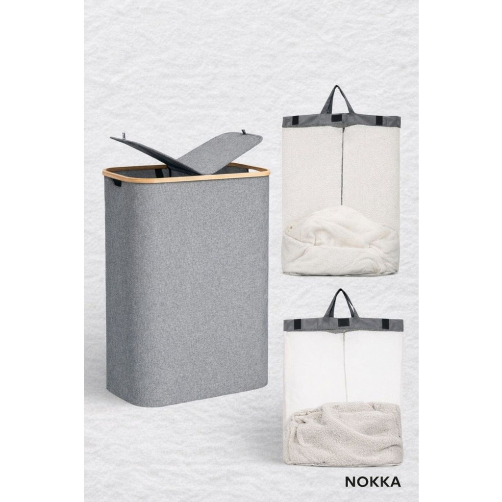 Nokka 150 Litre Bambu Kapaklı Katlanabilir Çamaşır Sepeti, 2 Bölmeli Kirli Sepeti (70X57X37) - Gri Diğer Fiyatı
