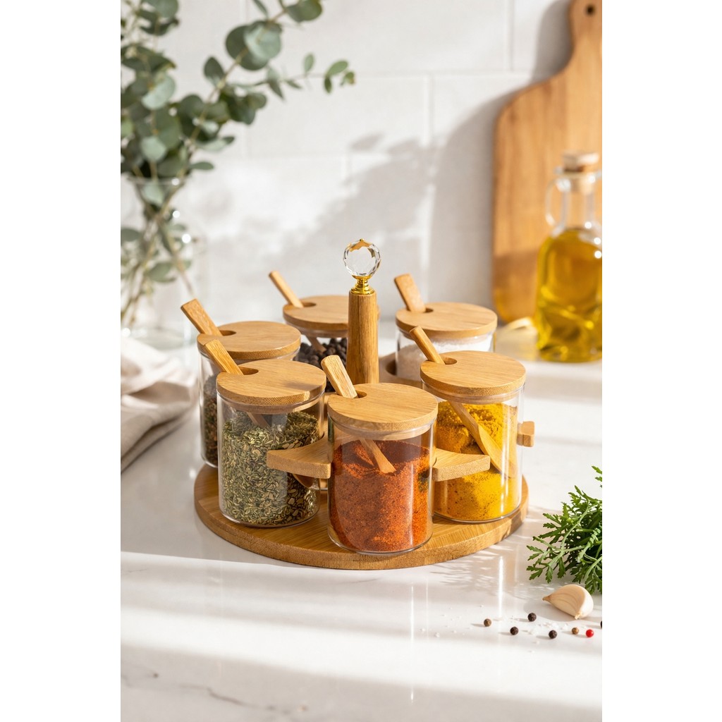 Nokka 6’lı Baharatlık (7x7 Cm) Seti Cam Kavanozlu Kaşıklı Bambu Stand – Modern Mutfak Düzenleyici - Şeffaf Tuz, Şeker, Baharat Fiyatı