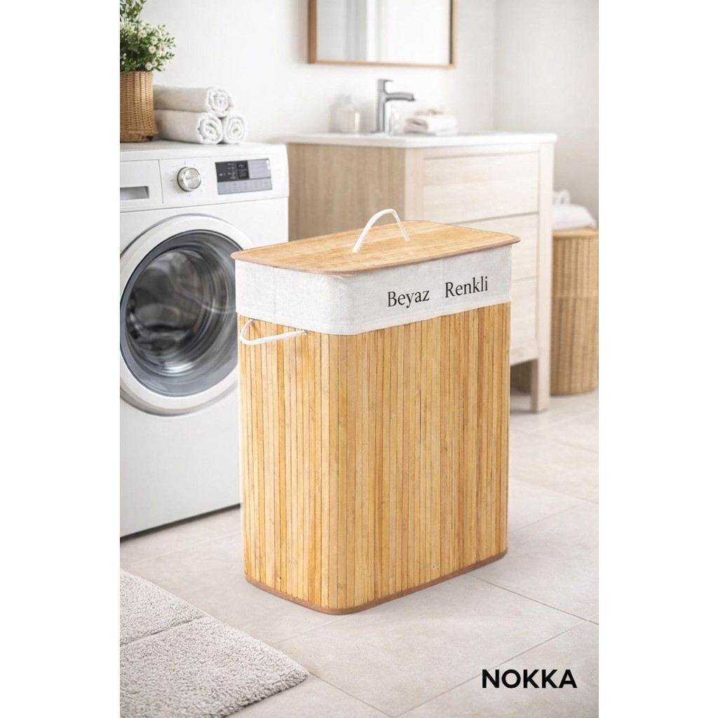 Nokka Bambu 2 Bölmeli Kirli Çamaşır Sepeti 60x52x33 cm Dikdörtgen -Katlanabilir Bambu Sepet - Ahşap Diğer Fiyatı