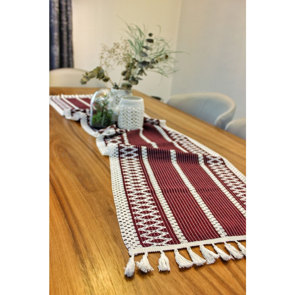 Nona Mino Pamuklu Şal Motif Dantel Örgü Runner 35X150 - 35 x 150 cm - Bordo Runner Fiyatı