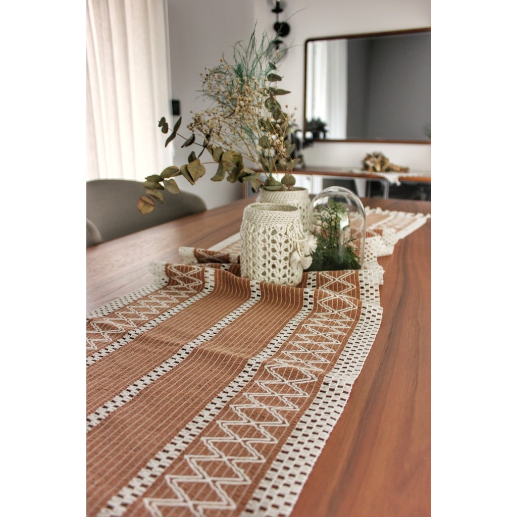 Nona Mino Pamuklu Şal Motif Dantel Örgü Runner 35X150 - 35 x 150 cm - Kahverengi Runner Fiyatı