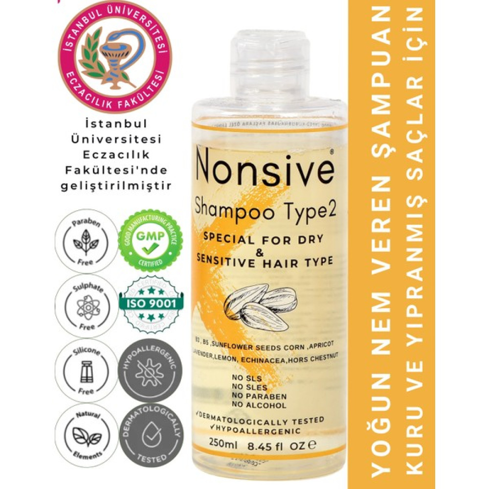 Nonsive Shampoo Type2 Kuru Saçlar için Onarıcı-Bakım Şampuanı /Tuzsuz-Sülfatsız Şampuan (aromaterapik uçucu yağ içeriği) - 1 Şampuan ve Saç Kremi Fiyatı
