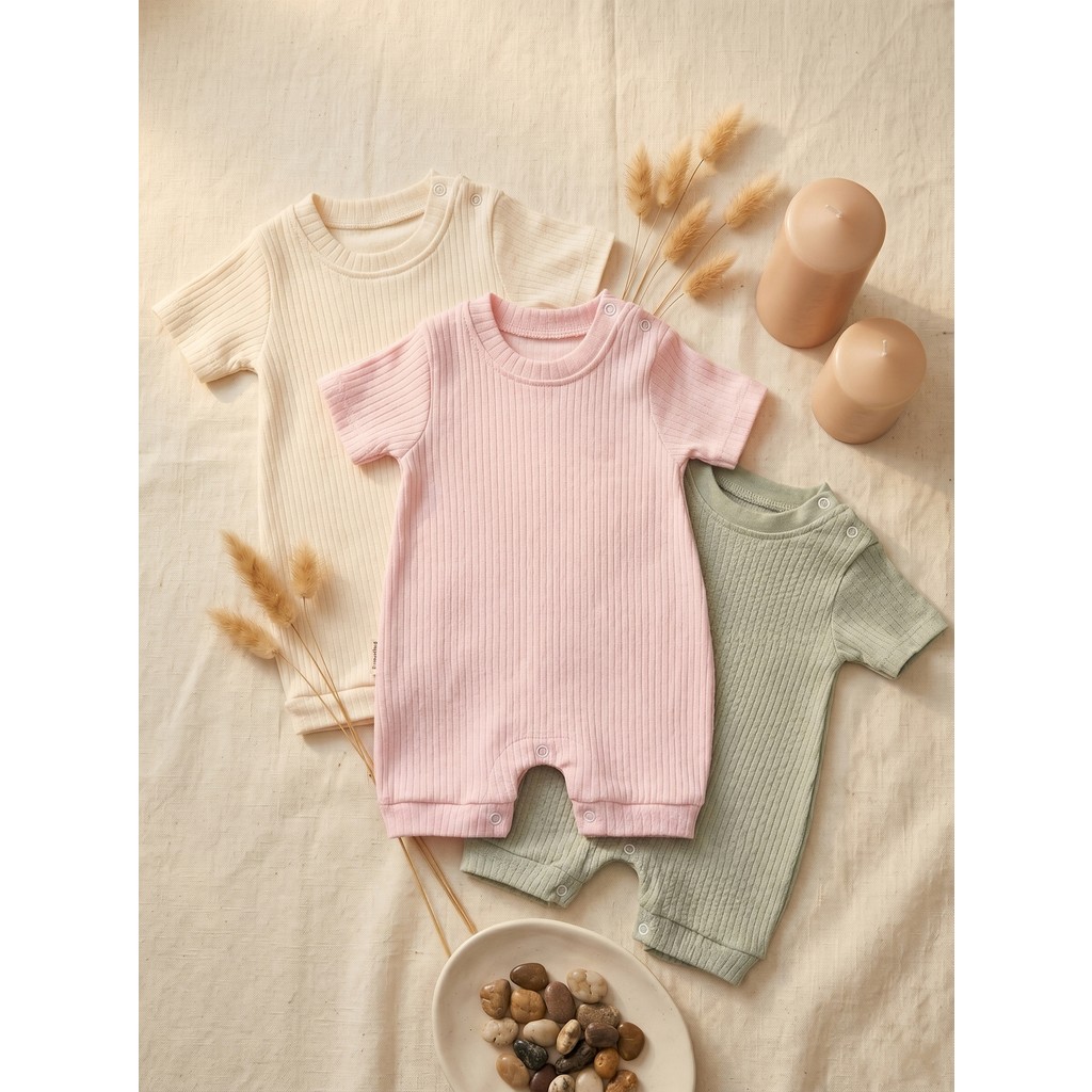 Noone 3'lü Bebek Kısa Tulum Seti | Krem-Pembe-Mint | %100 Pamuk Rib | Unisex Giyim & İç Giyim Fiyatı
