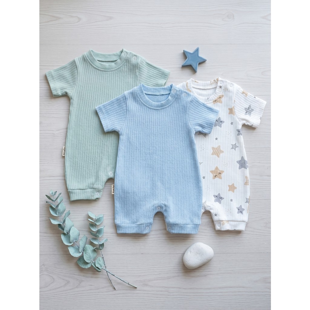 Noone 3'lü Bebek Kısa Tulum Seti | Mint-Mavi-Yıldız | %100 Pamuk Rib | Unisex Giyim & İç Giyim Fiyatı