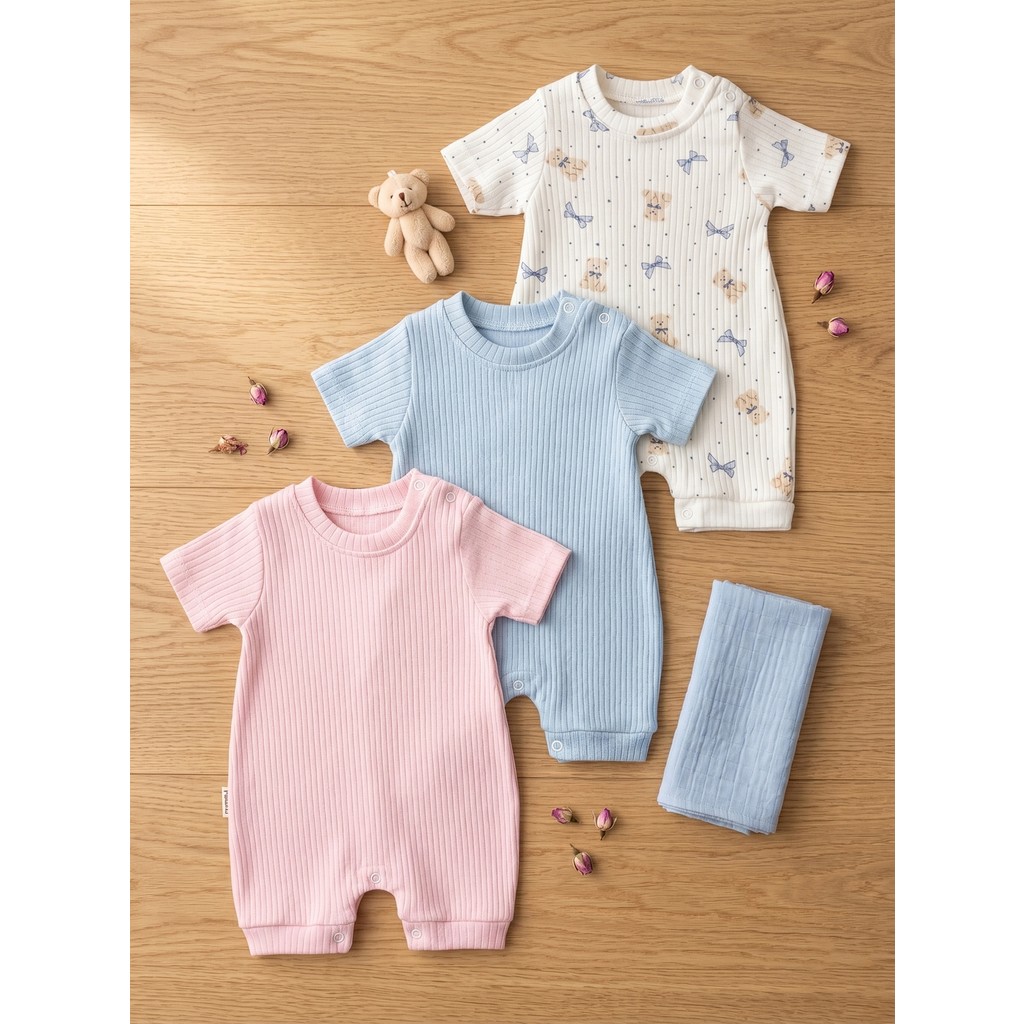 Noone 3'lü Bebek Kısa Tulum Seti | Pembe-Mavi-Ayıcık | %100 Pamuk Rib | Unisex Giyim & İç Giyim Fiyatı
