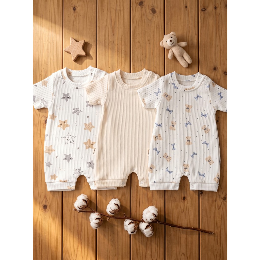 Noone 3'lü Bebek Kısa Tulum Seti | Yıldız-Ayıcık-Krem | %100 Pamuk Rib | Unisex Giyim & İç Giyim Fiyatı