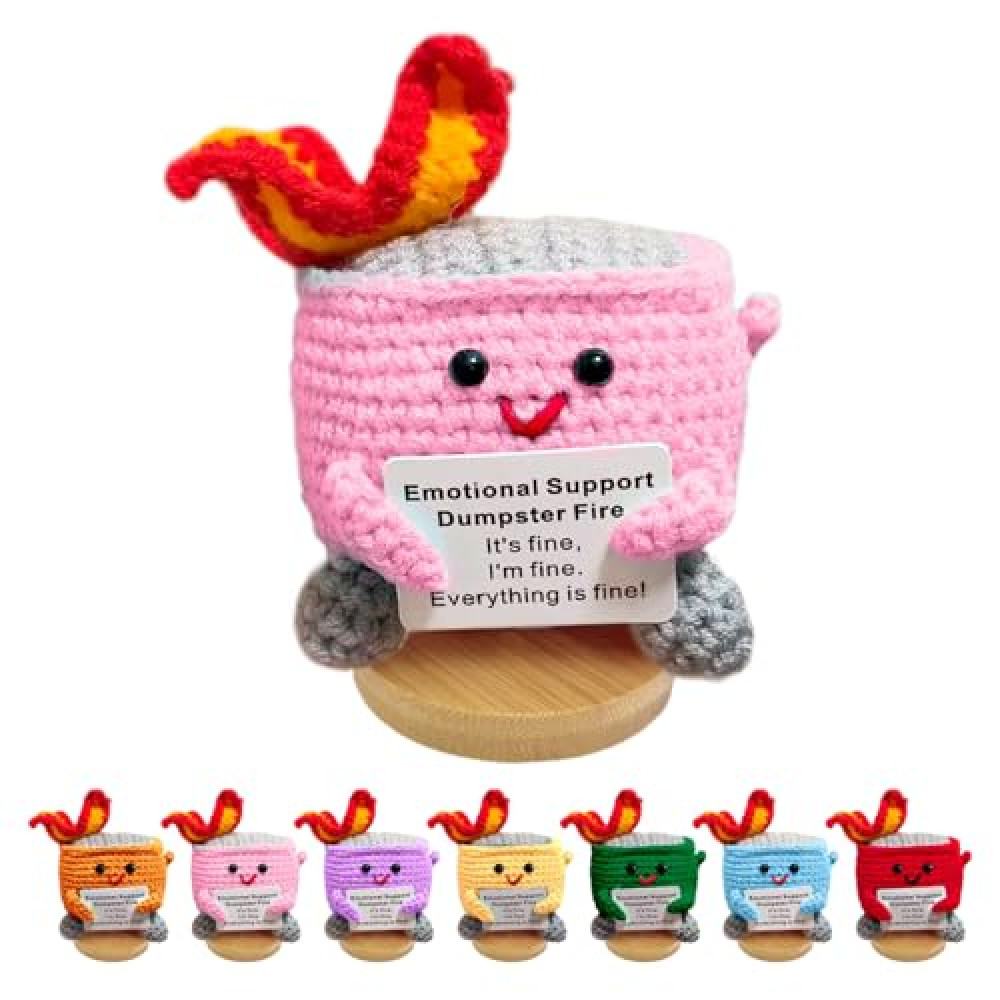 Nordkawa Emotional Support Dumpster- Handmade Crochet Dumpster Fire Doll, Christmas Dumpster Fire Knitting Toy Ornaments with Positive Card, Handmade Emotional Support Crochet Gift Desk Decor (Pink)