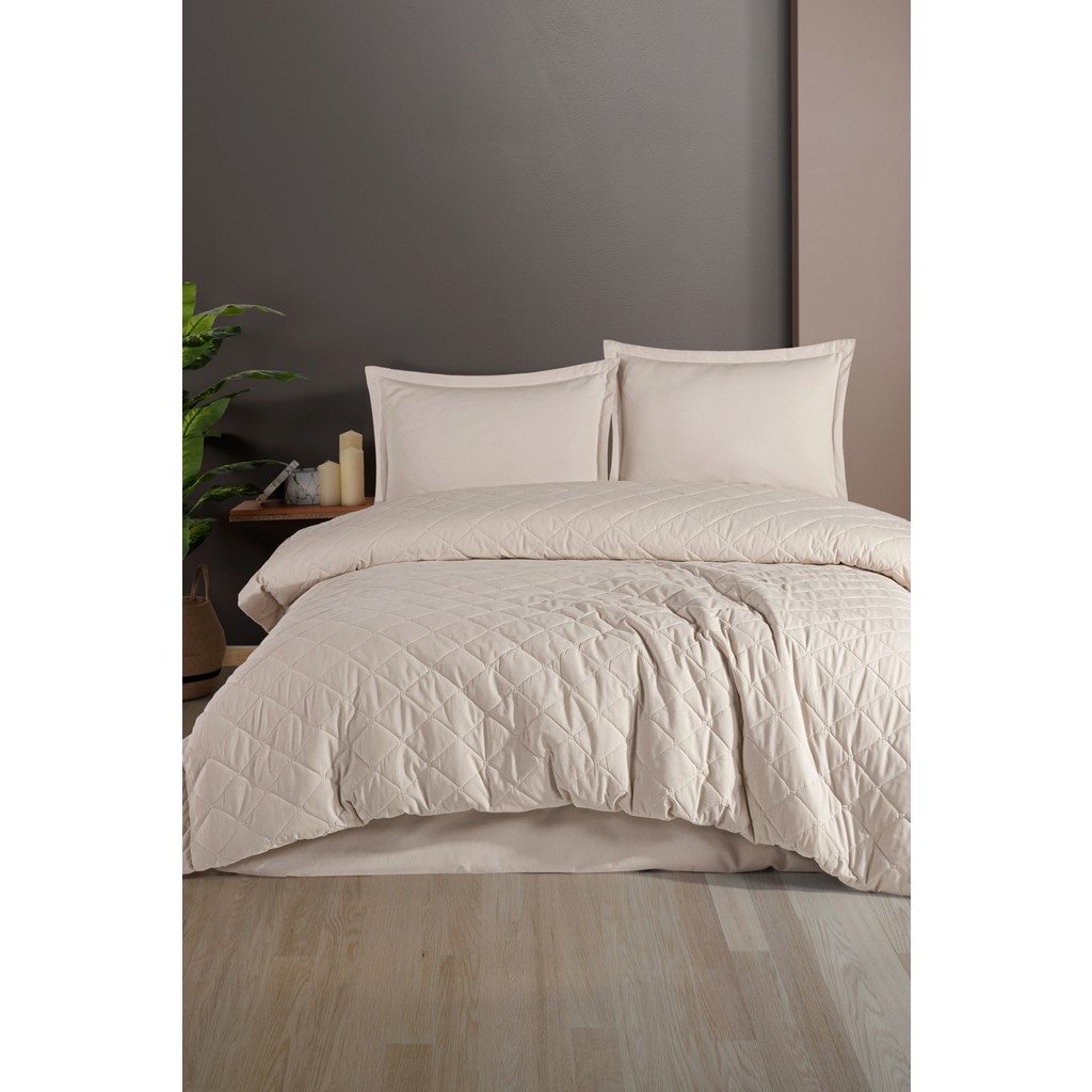 nordqueen Ranforce Pamuk Tek Kişilik Dört Mevsim Kapitoneli Nevresim Takımı Etta - Taş Rengi - 180 x 230 cm Nevresim Takımı Fiyatı