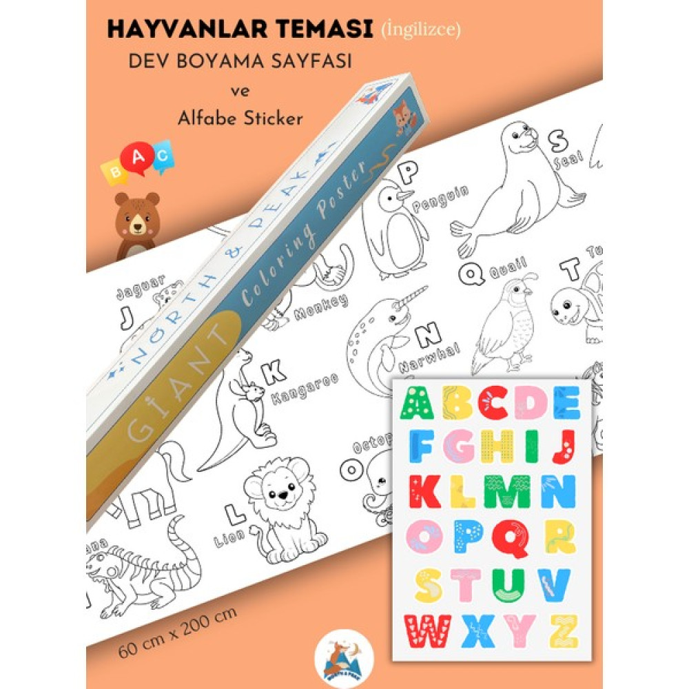 North And Peak (Ingilizce) Hayvanlar Temalı - Dev Boyama Kağıdı Alfabe Sticker - Boyama Rulosu - Büyük Boy 2 Metre Resim Defteri Fiyatı