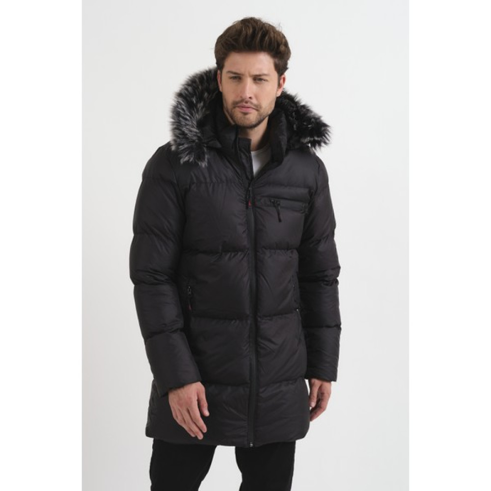 NorthFashion Erkek Kürk Kapüşonlu Uzun Model Siyah Şişme Mont & Kaban & Parka Erkek Mont Fiyatı