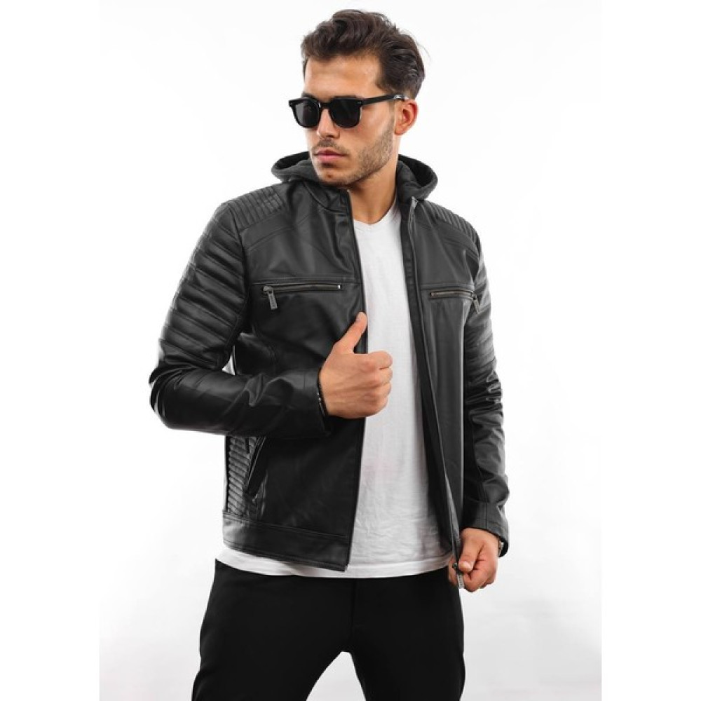 NorthFashion Erkek Siyah Dar Kesim İçi Küklü Kapüşonlu Deri Ceket Erkek Ceket Fiyatı
