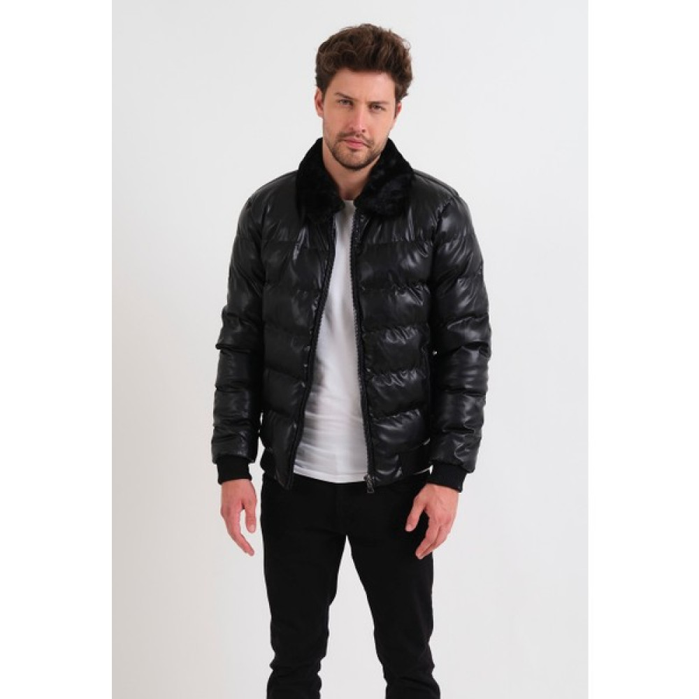 NorthFashion Erkek Siyah Kürk Yaka Slim Fit İçi Kürklü Su Geçirmez Şişme Deri Ceket & Mont Erkek Mont Fiyatı