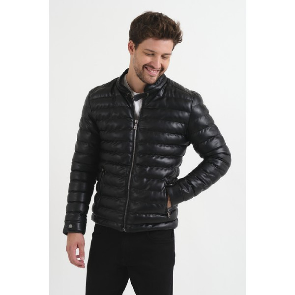 NorthFashion Erkek Siyah Slim Fit İçi Kürklü Iç Cepli Şişme Deri Mont Erkek Mont Fiyatı