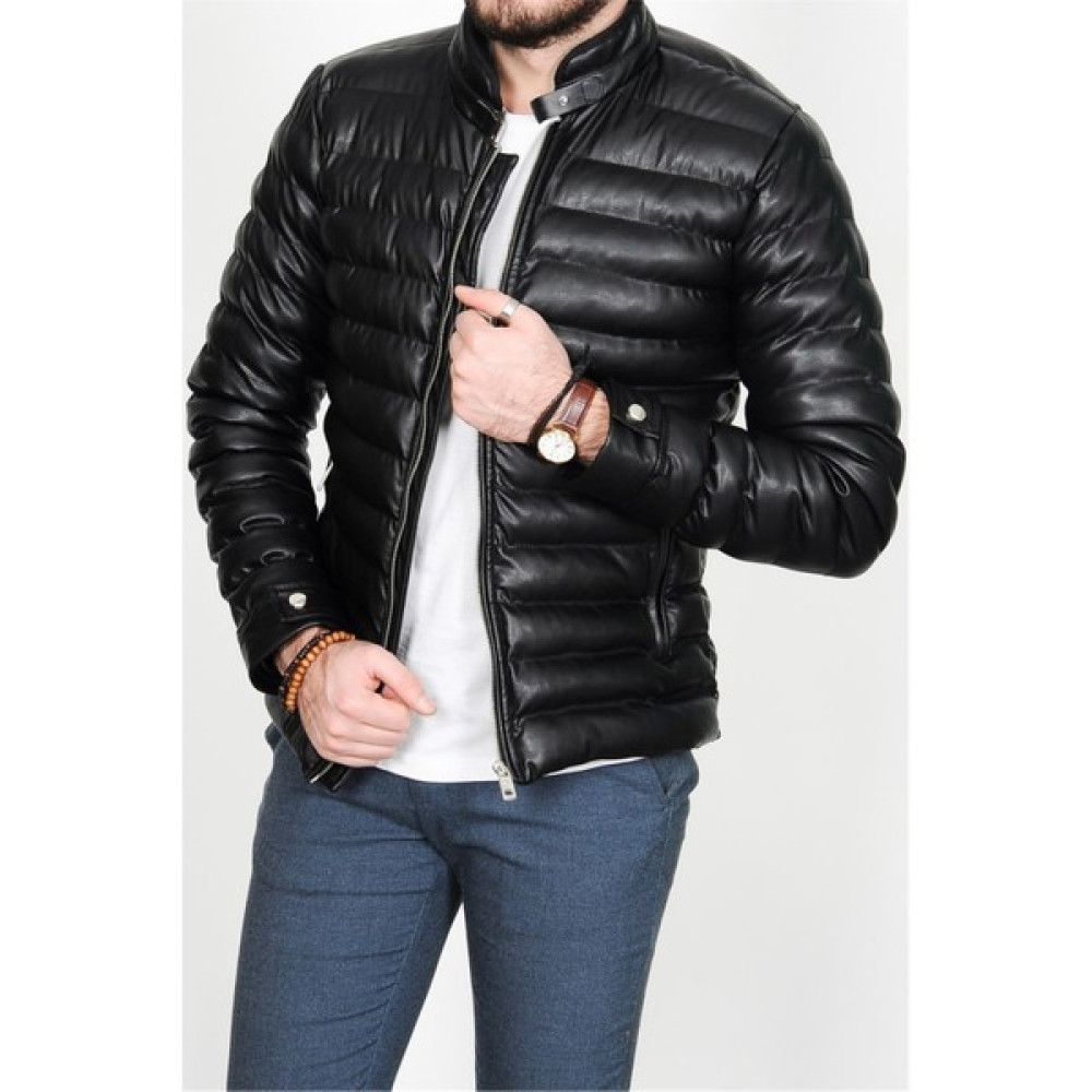 NorthFashion Erkek Slim Fit Iç Cepli Siyah Şişme Deri Mont & Ceket Erkek Mont Fiyatı
